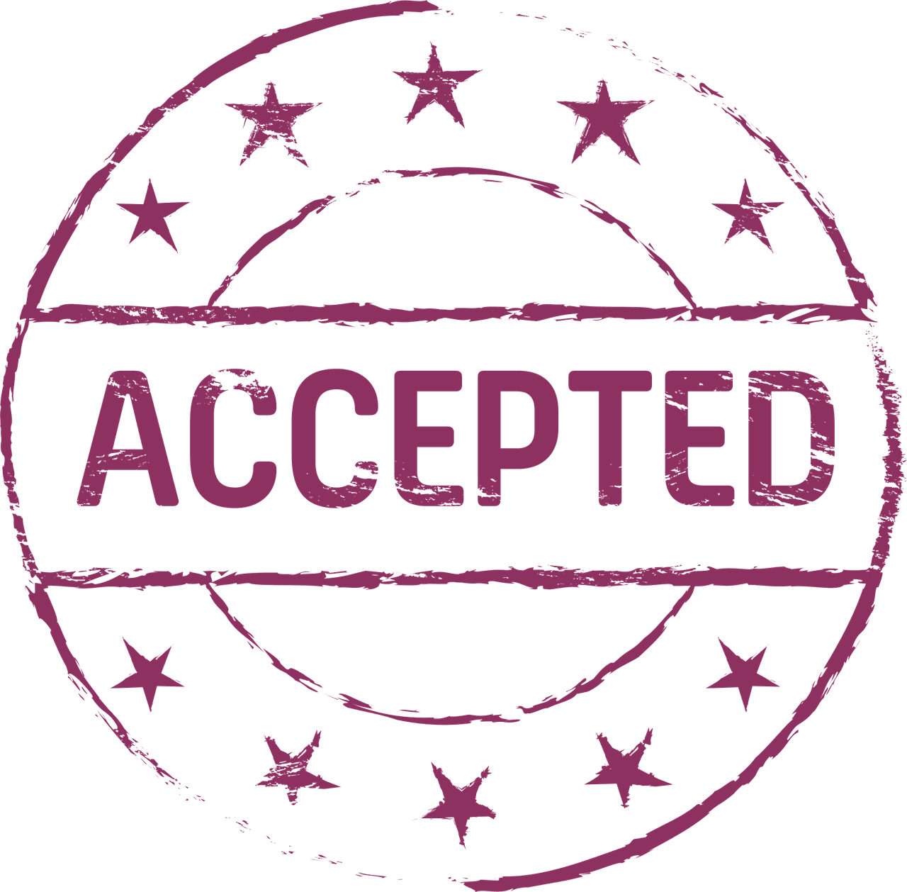 A grunge-style purple stamp with the word "accepted" across the center, surrounded by a circle and stars.
