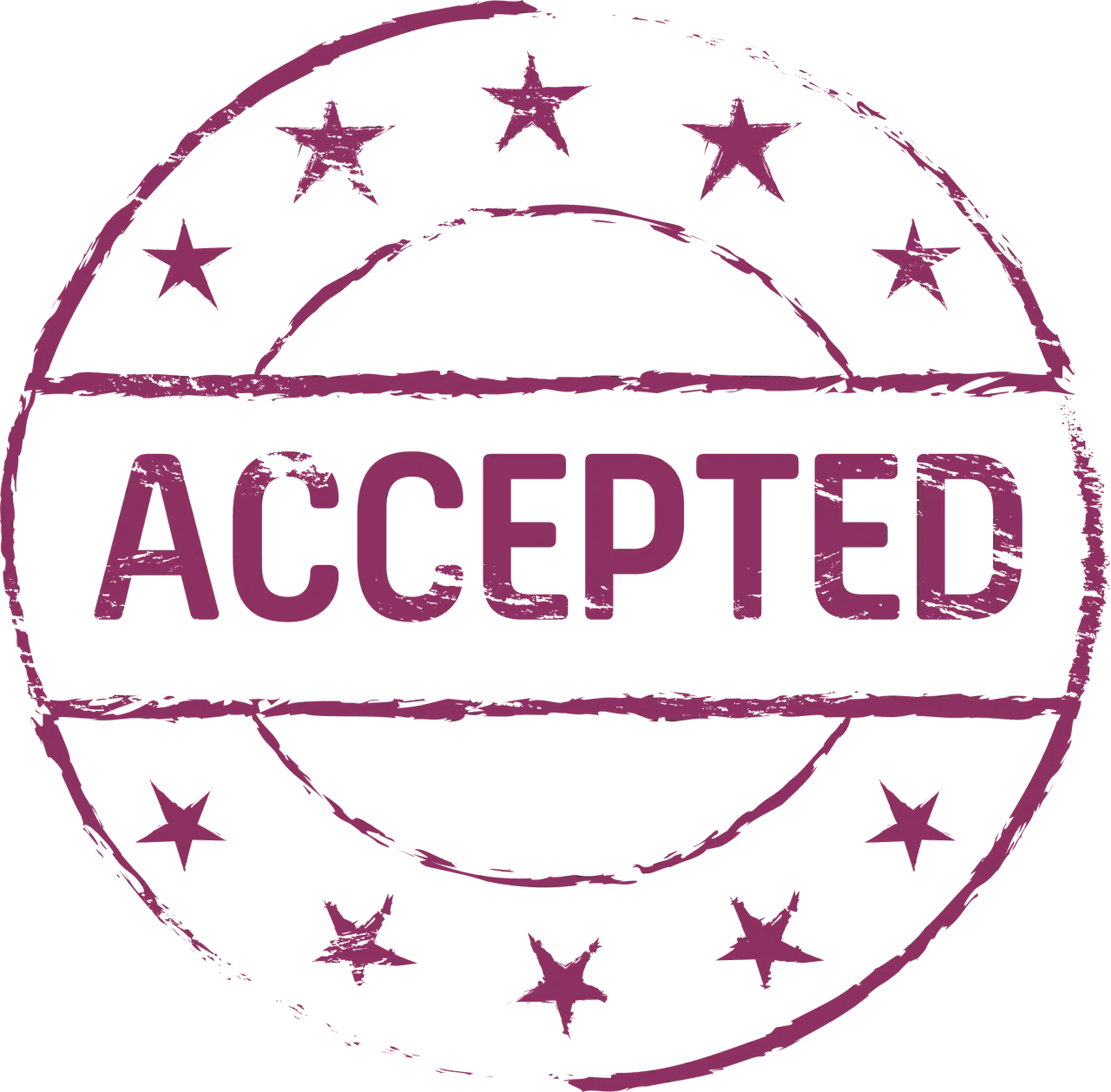 A grunge-style purple stamp with the word "accepted" across the center, surrounded by a circle and stars.
