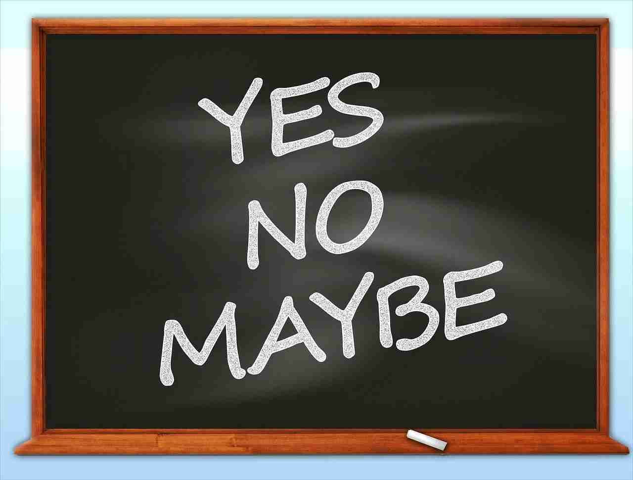 A blackboard with the words "yes", "no", "maybe" written in chalk, symbolizing a decision-making process or uncertainty.