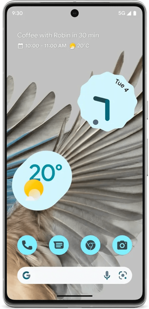 A smartphone from the easiest phone company to get approved for in the UK, displaying a weather widget indicating 20°c and sunny conditions, set against a tropical leaf backdrop, with an upcoming calendar reminder