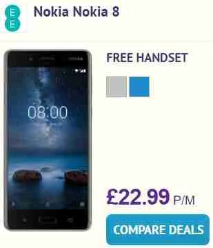 Advertisement displaying a Nokia 8 smartphone with a promotional offer featuring a free handset at £22.99 per month, inviting customers to compare deals.